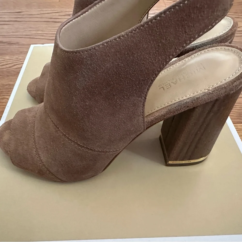 Michael Kora Tan Suede Mules with Block Heel